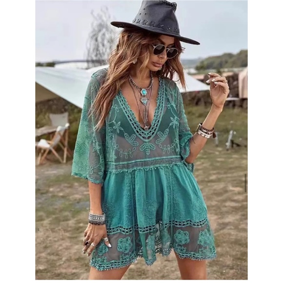 New Bohemian V Neck Crochet Mesh Dress - Picture 3 of 5